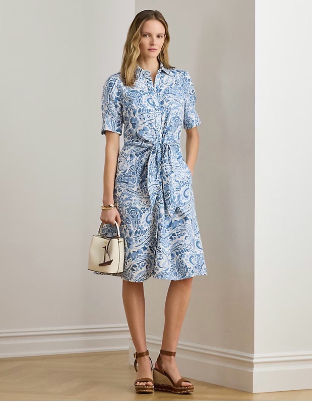 Ralph Lauren Blue & White Paisley Tie-Waist Shirt Dress - Picture 1 of 5